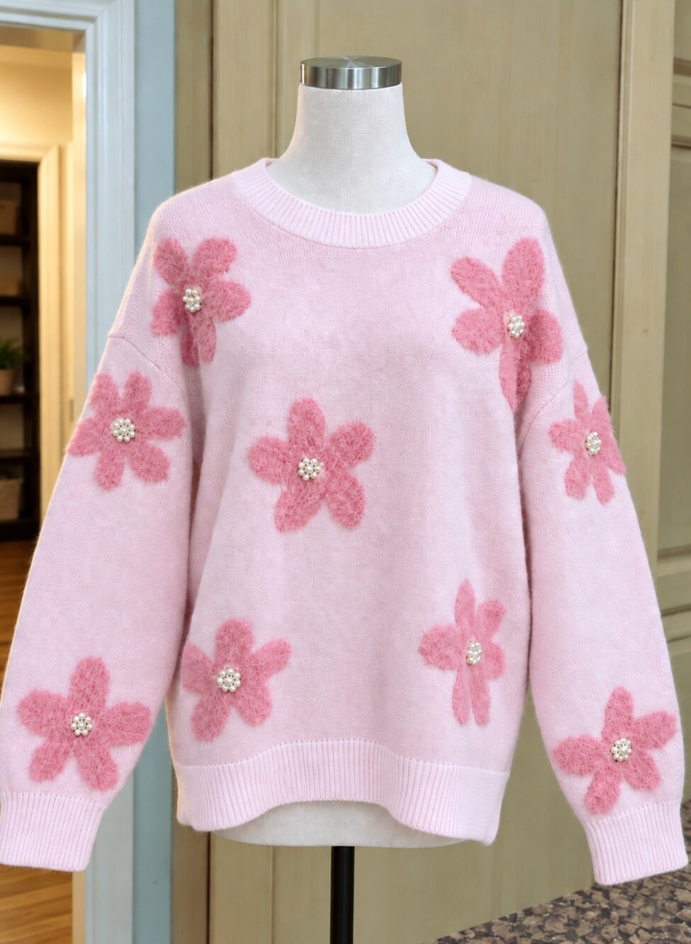 Jessica Simpson light pink pearl inset pink flower pattern fuzzy sweater size XL